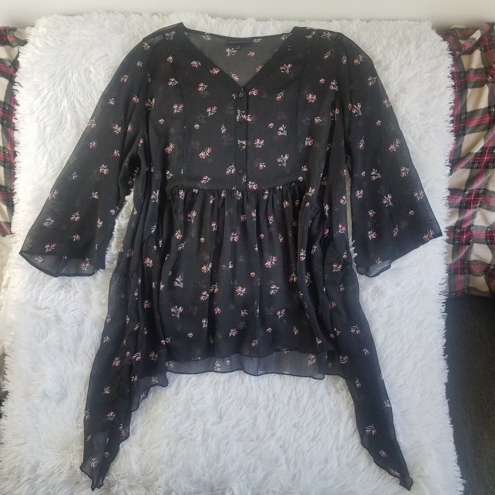 Lane Bryant Womens Top Size 22 / 24 Sheer Black Floral Babydoll